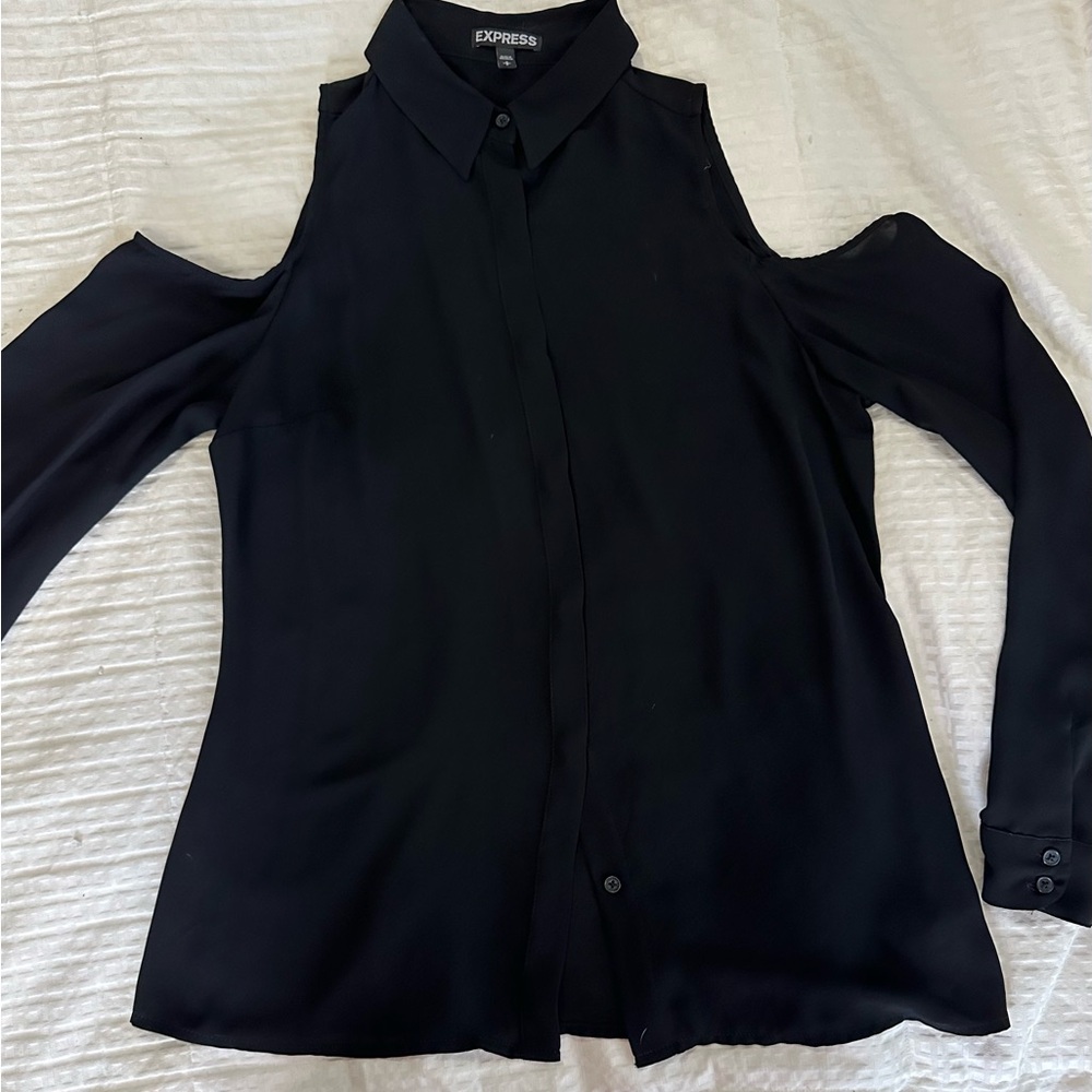 Vintage express cut out shoulder black button front blouse - Picture 2 of 5